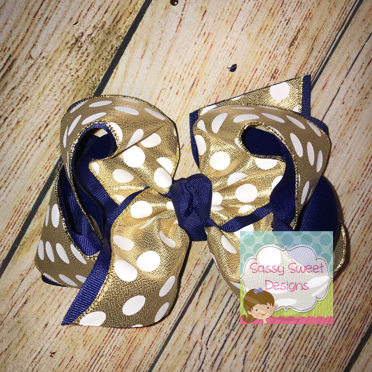 Gold & White Dot Metallic Hair Bow