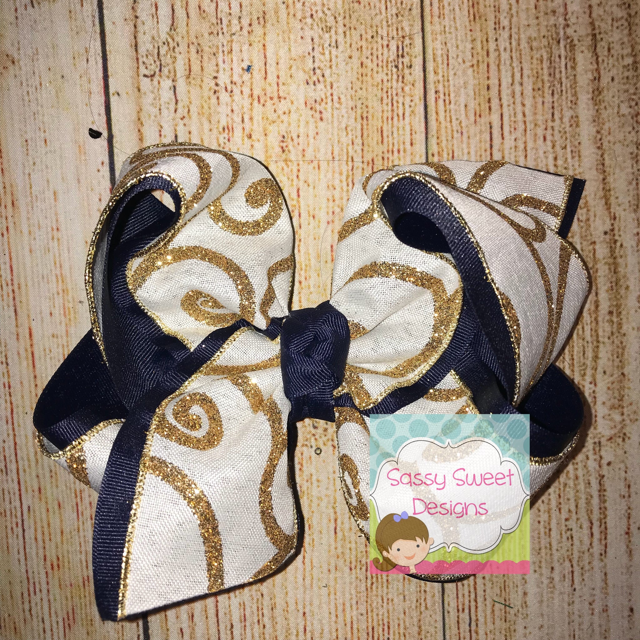 Ivory Gold Glitter Scroll Canvas Hair Bow