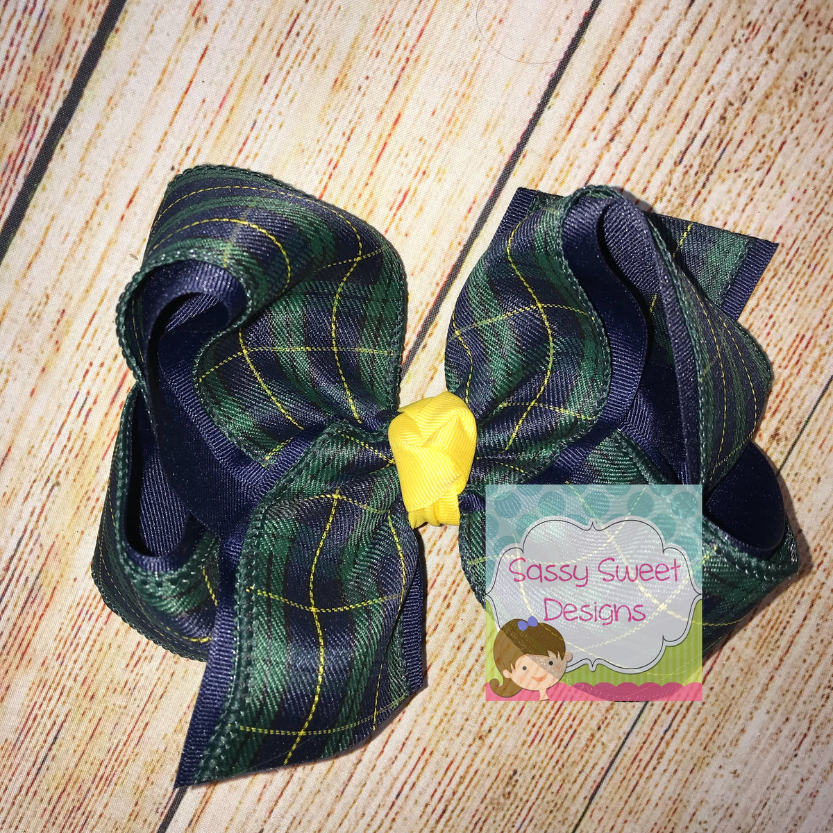 Navy Green Yellow Tartain Plaid Bow