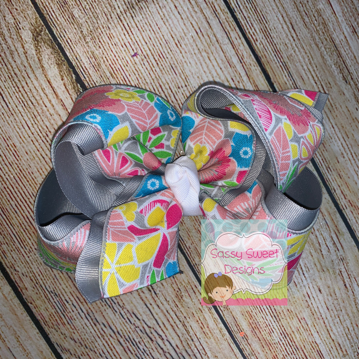 Grey Floral Spring Hair Bow