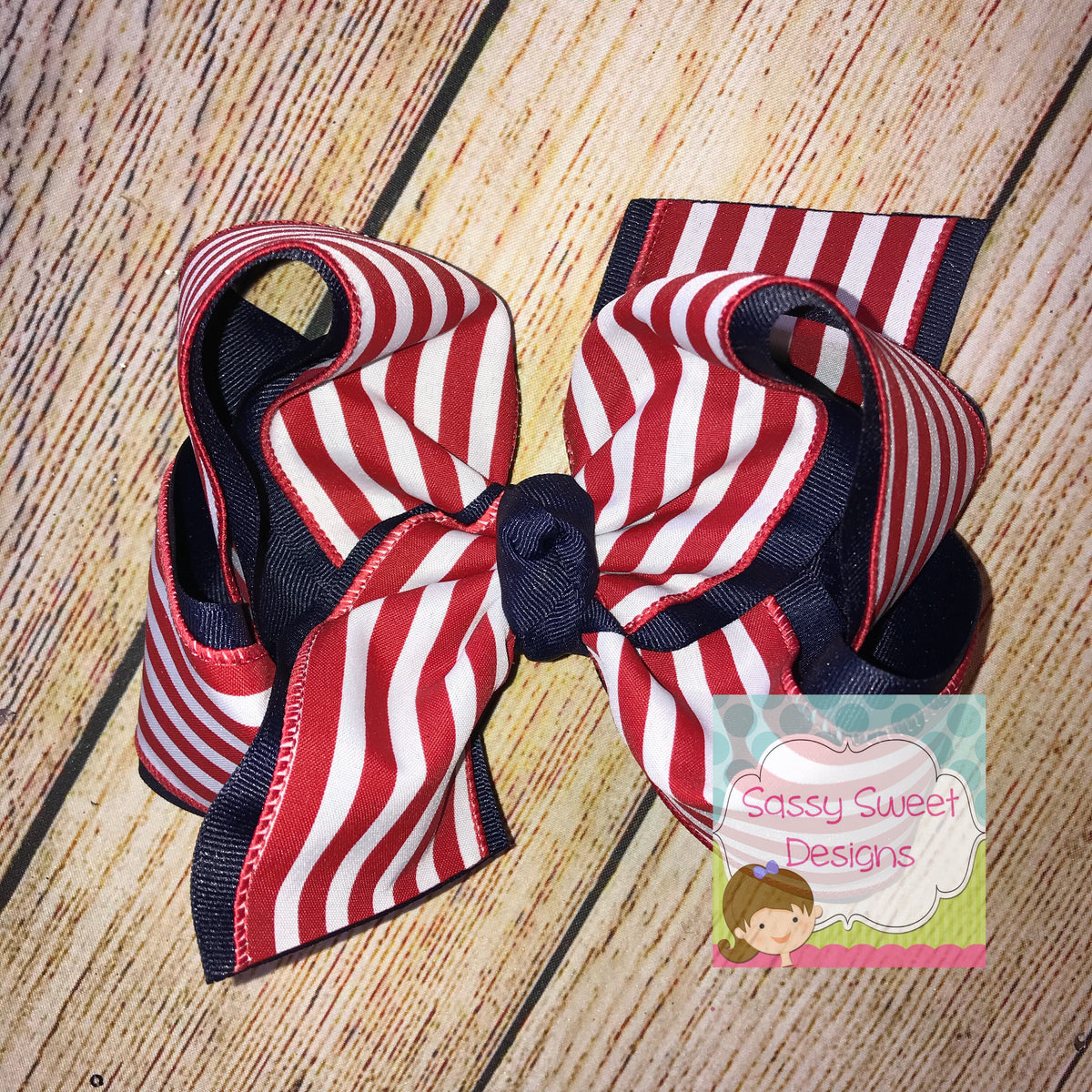 Red White Stripe Canvas Hair Bow