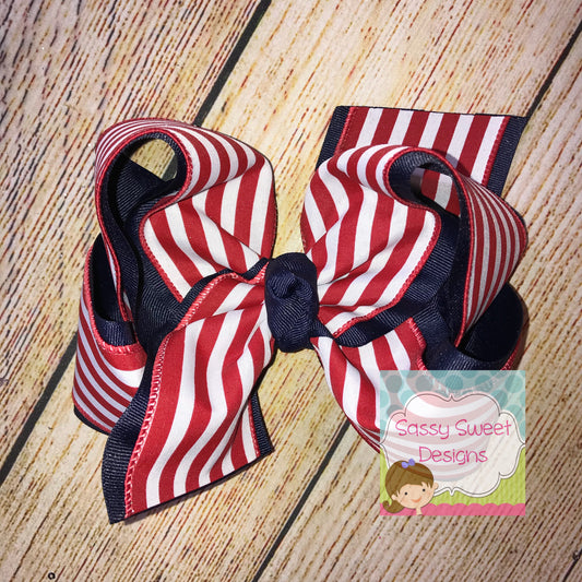 Red White Stripe Canvas Hair Bow