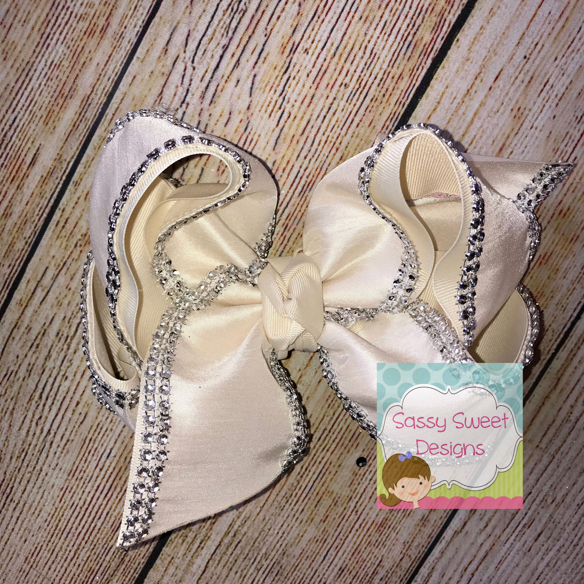 Ivory Silk Dupioni with Rhinestone Edging Hair Bow