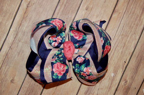 Floral Rose Coral Navy Triple Hair Bow