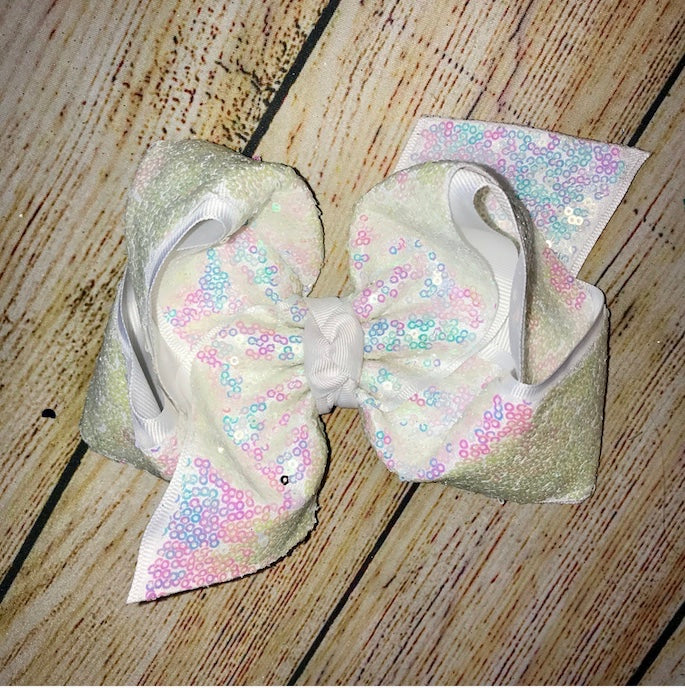 Iridescent White Sassy Sequins Hair Bow