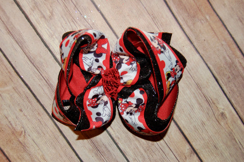 Minnie Mouse Black Dot Red Triple Glitter Hair Bow