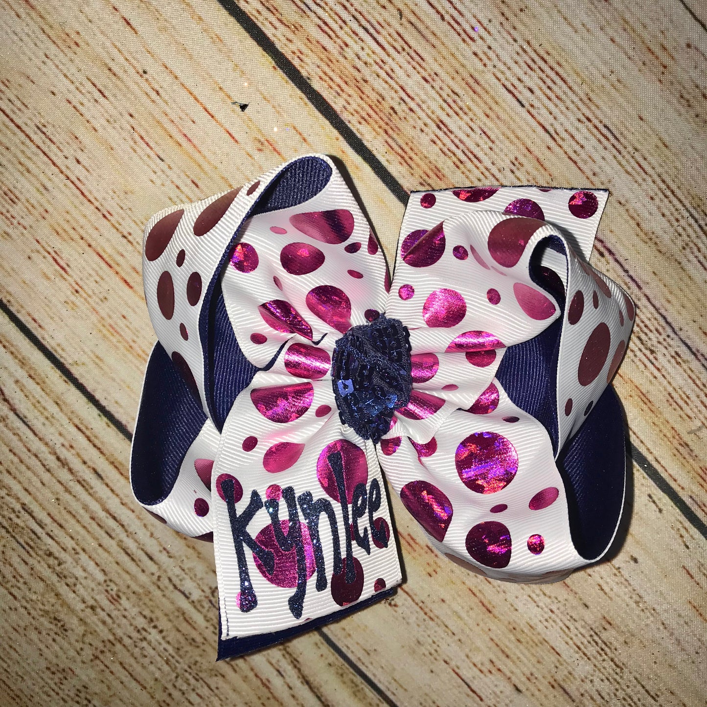 Polka Dot Print Double Grosgrain Hair Bow with Name