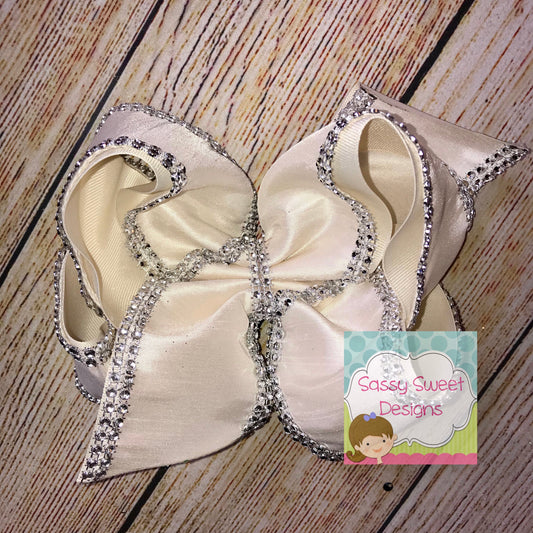 Ivory Silk Dupioni with Rhinestone Edging Hair Bow