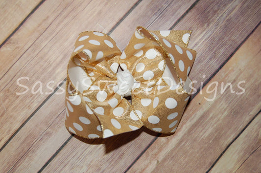 Gold & White Dot Metallic Hair Bow