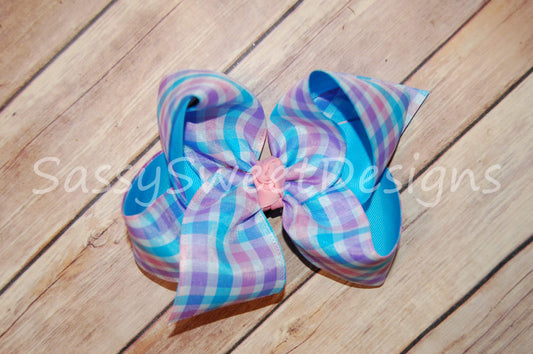 Pink, Blue & Purple Plaid Hair Bow