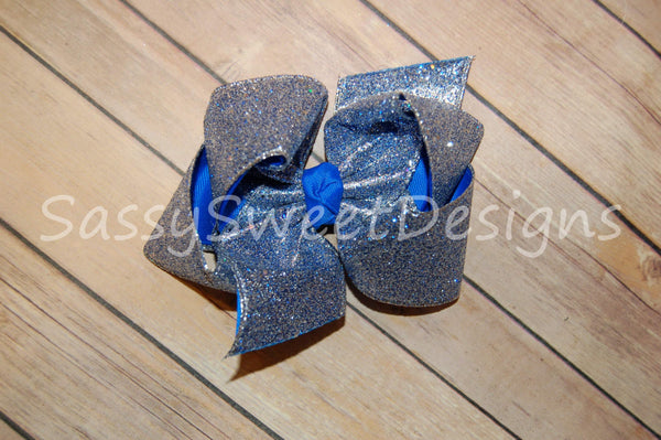 Silver & Royal Blue Solid Glitter Hair Bow