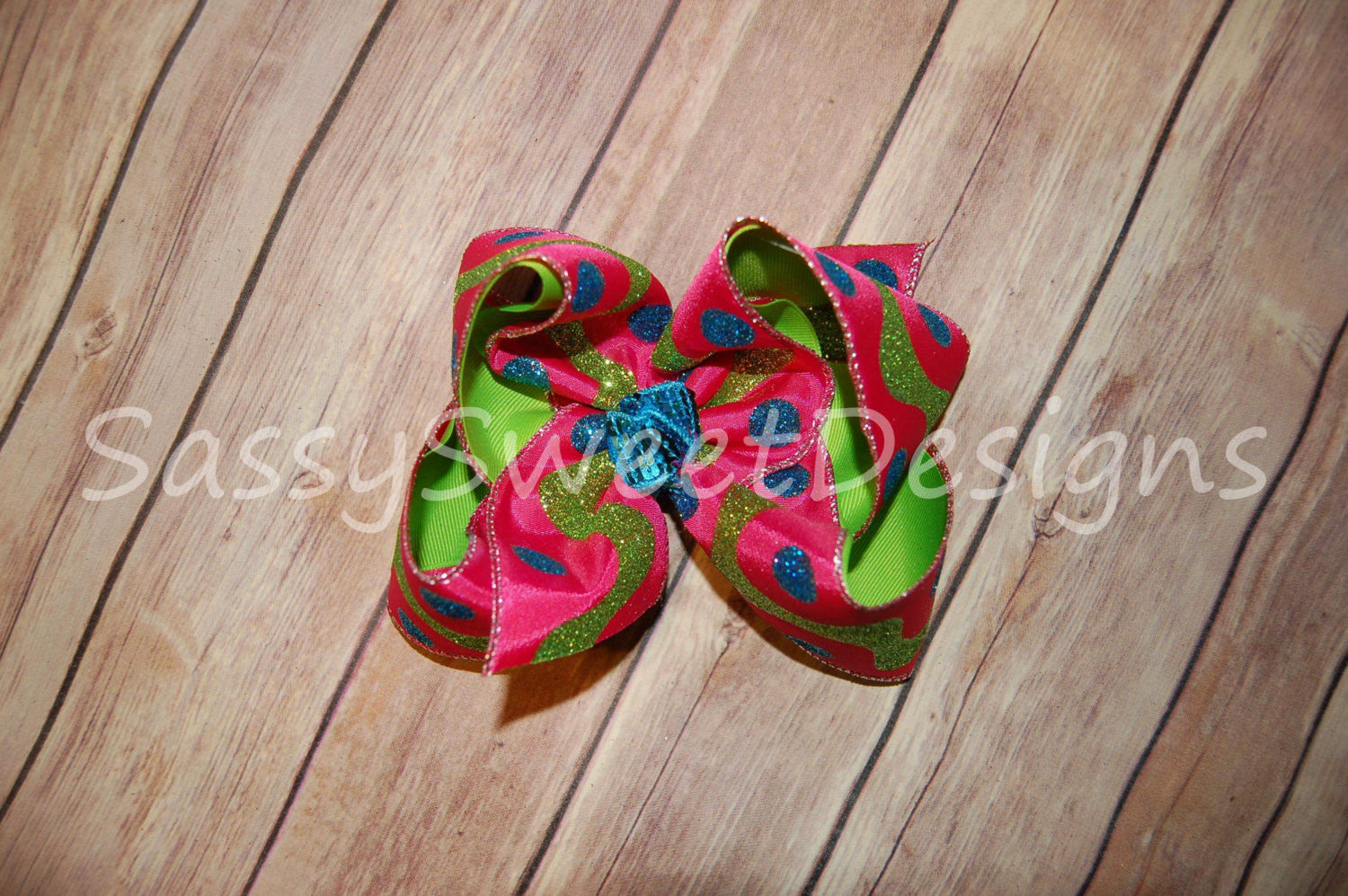 Pink Lime & Turquoise Wavy Line Dot Glitter Hair Bow