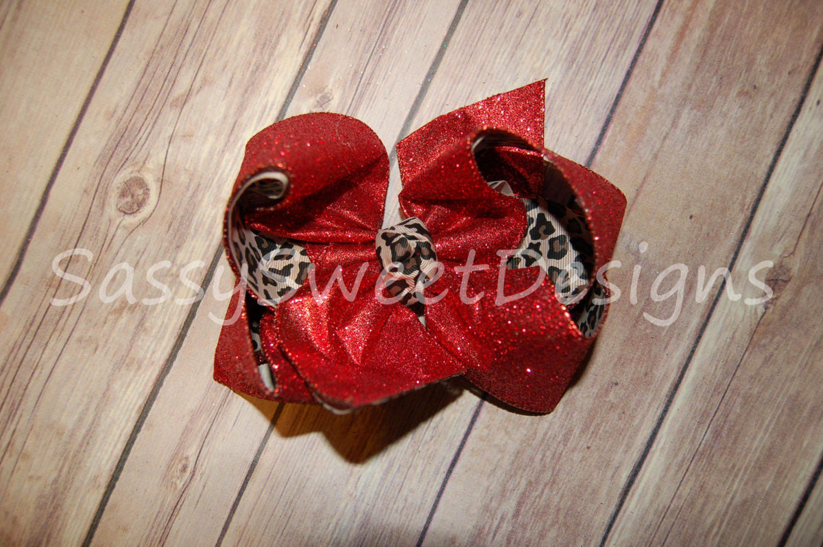 Red Solid Glitter Cheetah Leopard Grosgrain Hair Bow