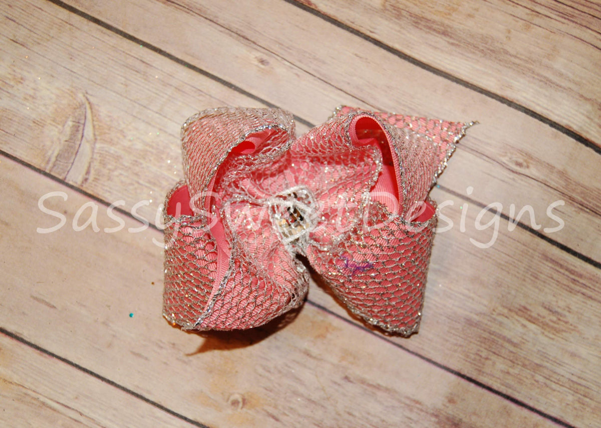 Silver Glitter Mesh Coral Grosgrain Hair Bow