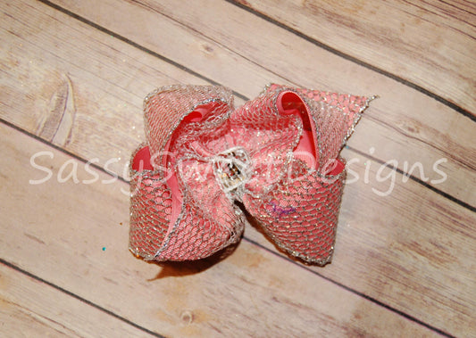 Silver Glitter Mesh Coral Grosgrain Hair Bow