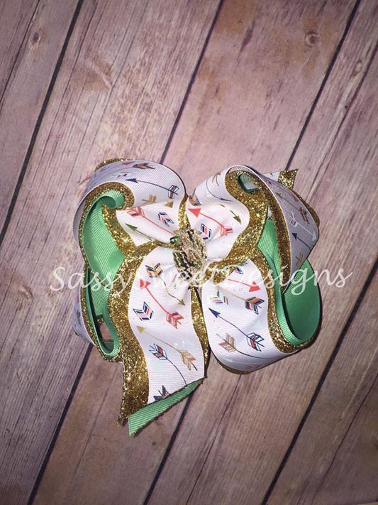 Gold Glitter Aztec Arrow TRIPLE Hair Bow