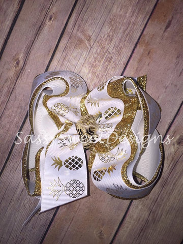 Gold and White Pineapple Glitter TRIPLE Hair Bow