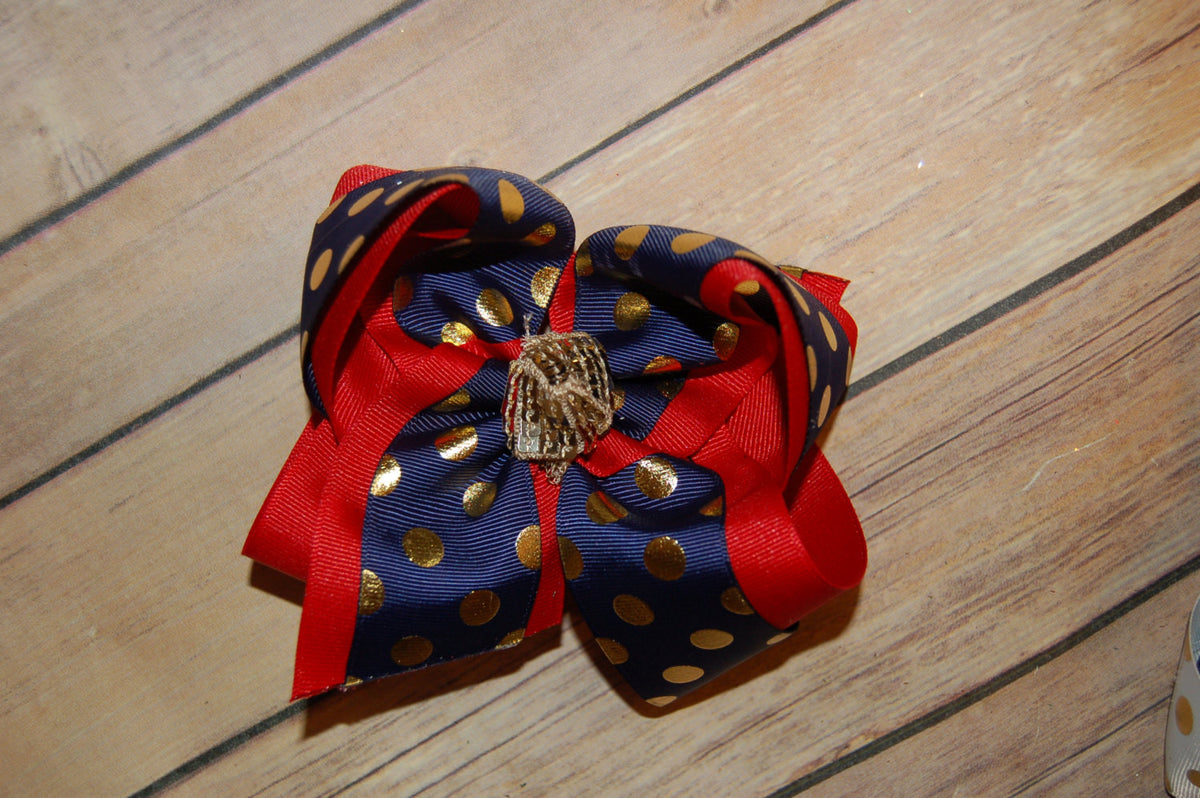 Navy Gold Foil Dot Grosgrain Double Hair Bow