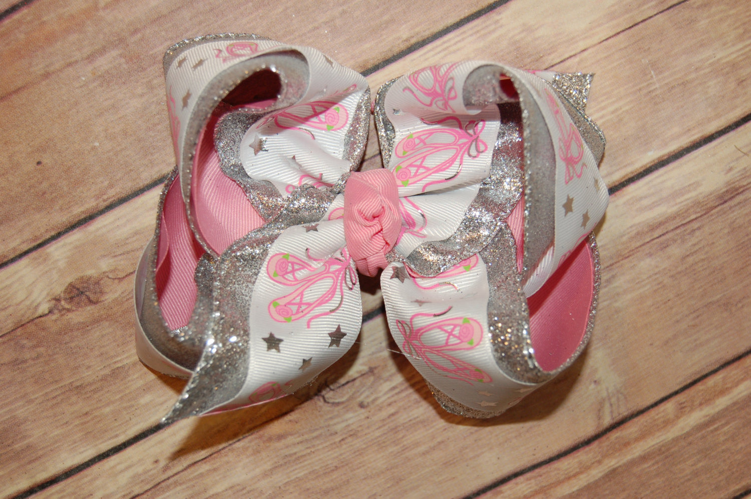 Dance Ballet Pink Silver Triple Glitter Hair Bow