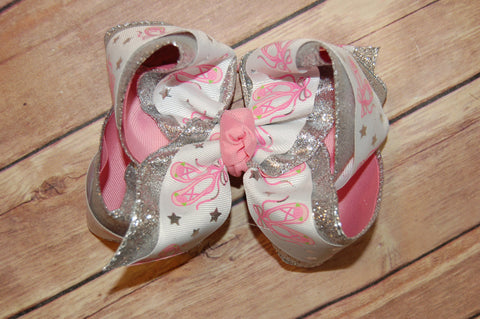 Dance Ballet Pink Silver Triple Glitter Hair Bow