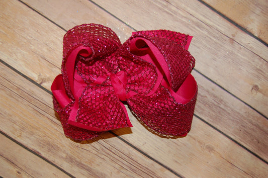 Fuchsia Shocking Pink Glitter Mesh Hair Bow