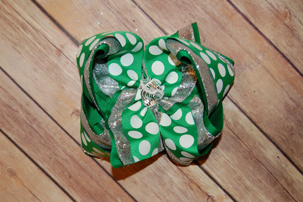 Emerald Green Dot Silver Triple Glitter Hair Bow