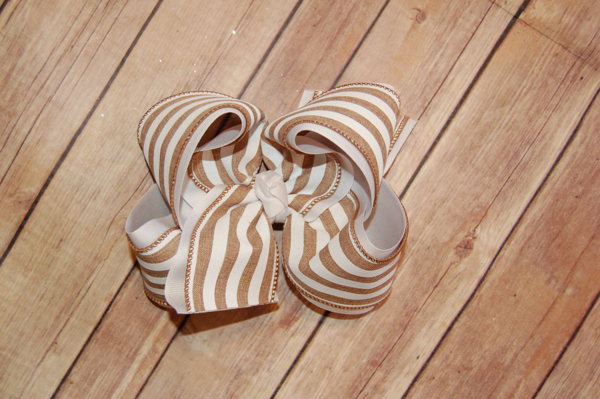 Khaki & White Striped Canvas Hair Bow
