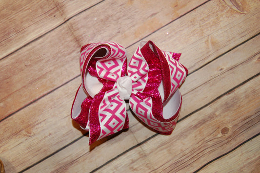 Shocking Pink Diamond Aztec Triple Glitter Hair Bow