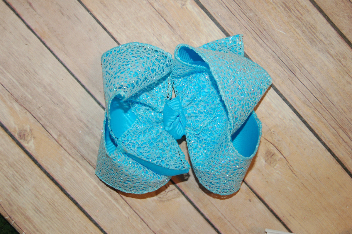 Aqua Blue Turquiose Glitter Web Hair Bow