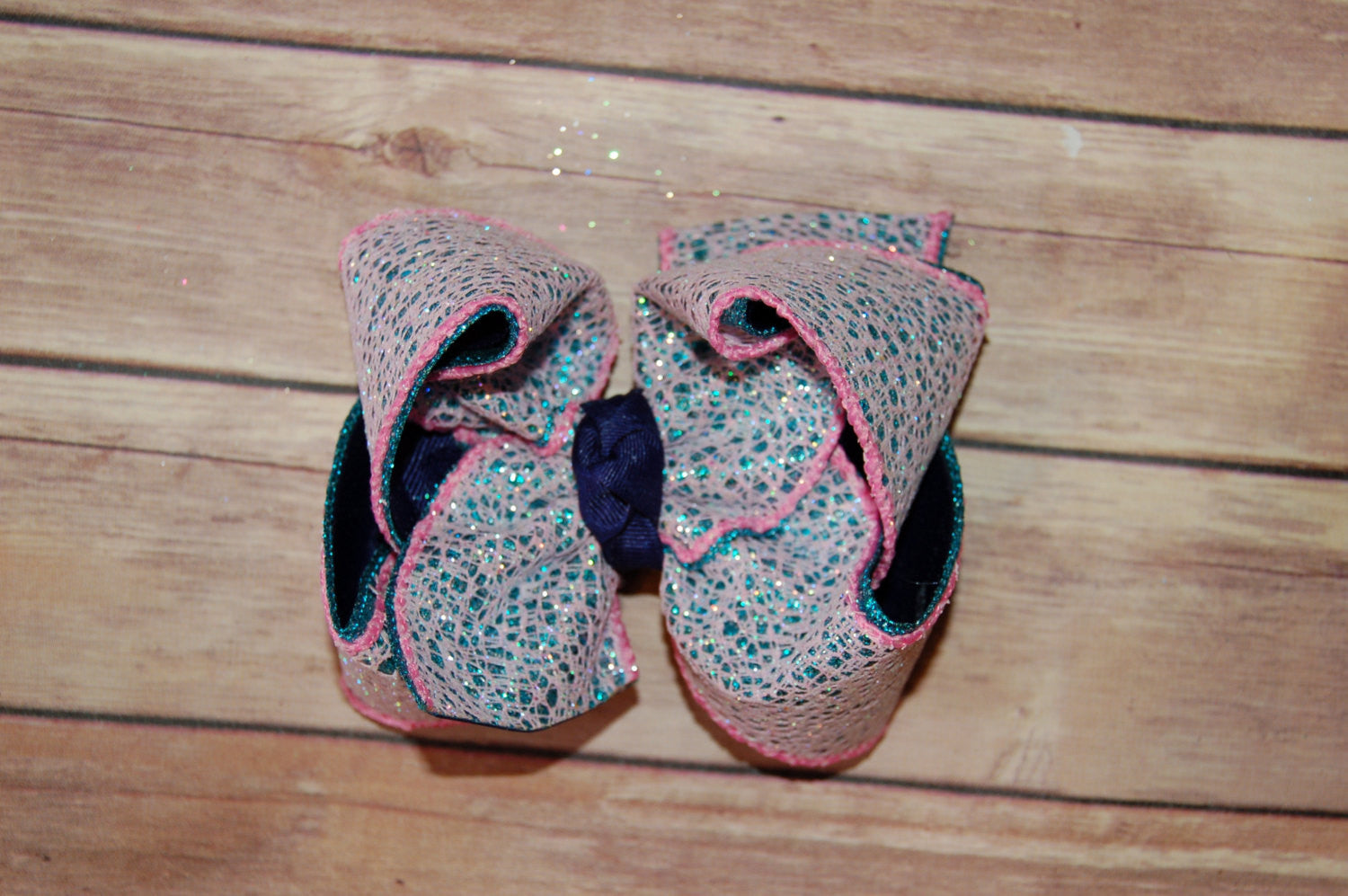 Pink Web, Turquoise & Navy Triple Glitter Hair Bow