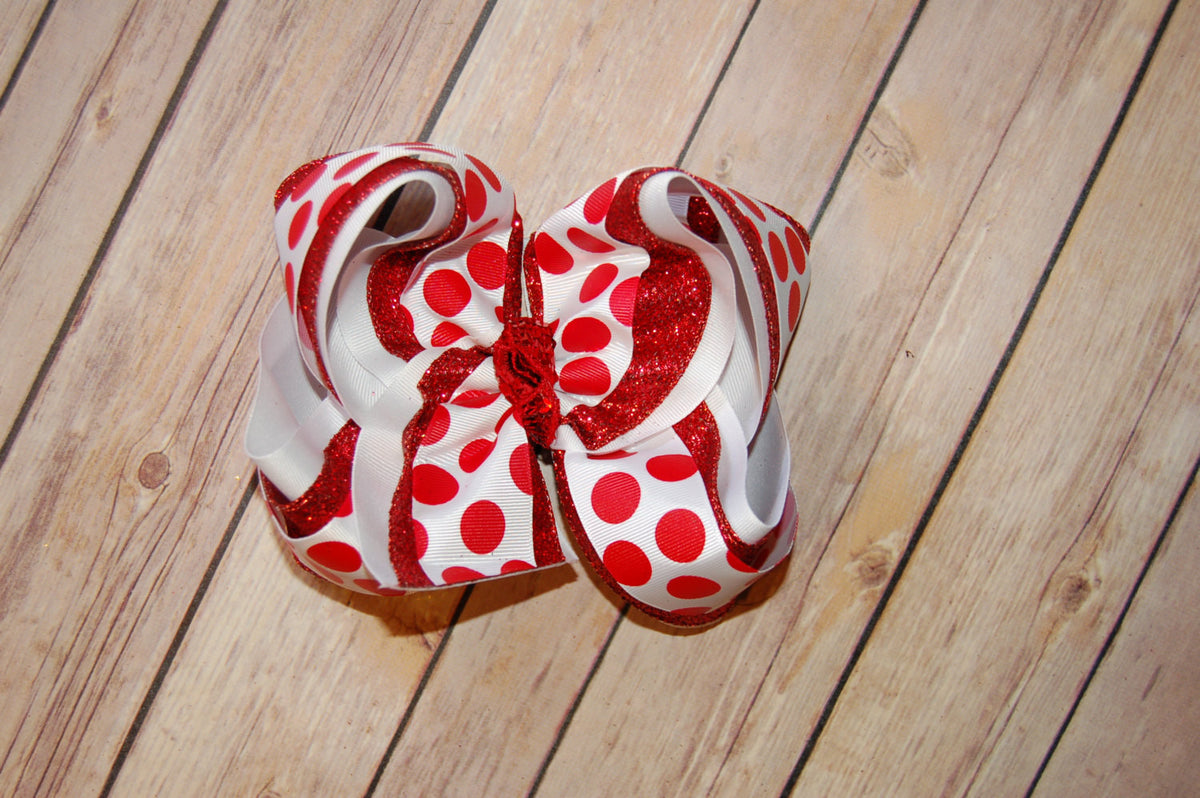 Red & White Dot Triple Glitter Hair Bow