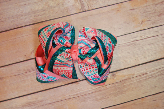Coral & Aqua Aztec Triple Glitter Hair Bow
