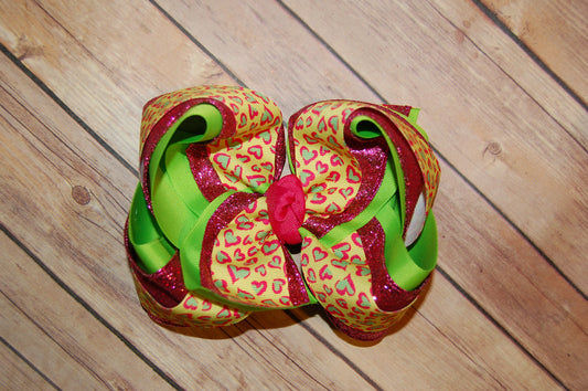 Heart Leopard Triple Glitter Hair Bow