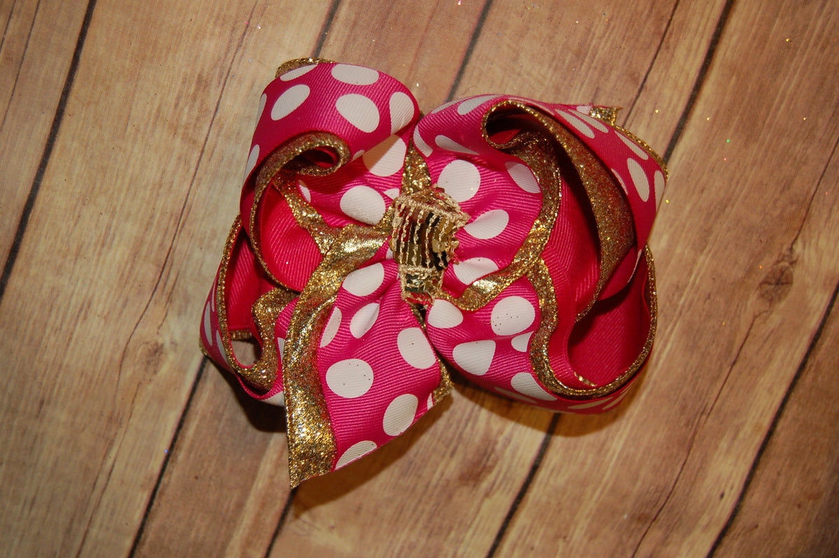 Shocking Pink & Gold Dot Triple Glitter Hair Bow