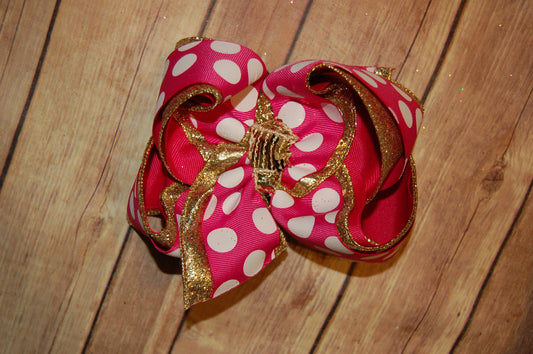 Shocking Pink & Gold Dot Triple Glitter Hair Bow