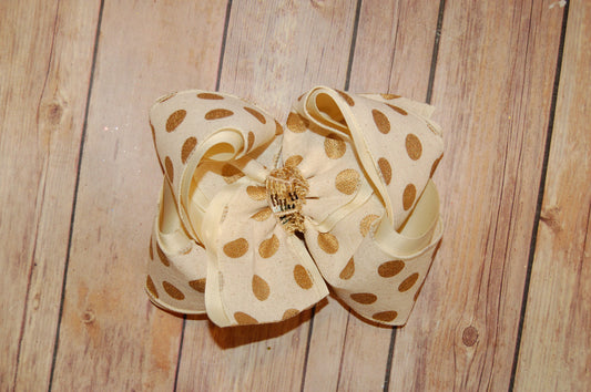 Gold Cream Dot Canvas Hair Bow