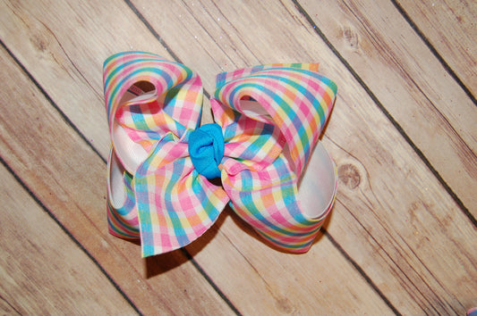 Pink Blue Yellow Plaid Hair Bow