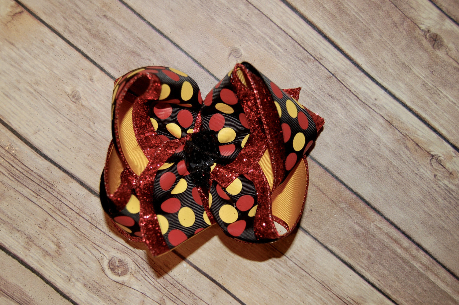 Mouse Inspired Yellow Red Black Dot Triple Glitter Hair Bow