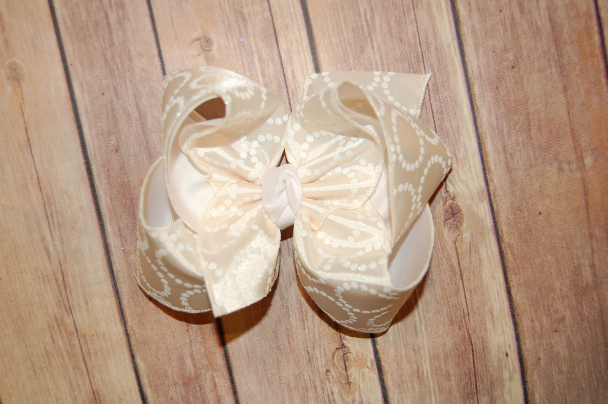 Cream & White Satin Glitter Hair Bow