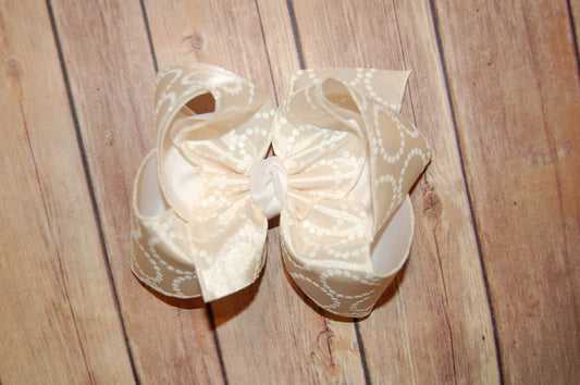Cream & White Satin Glitter Hair Bow