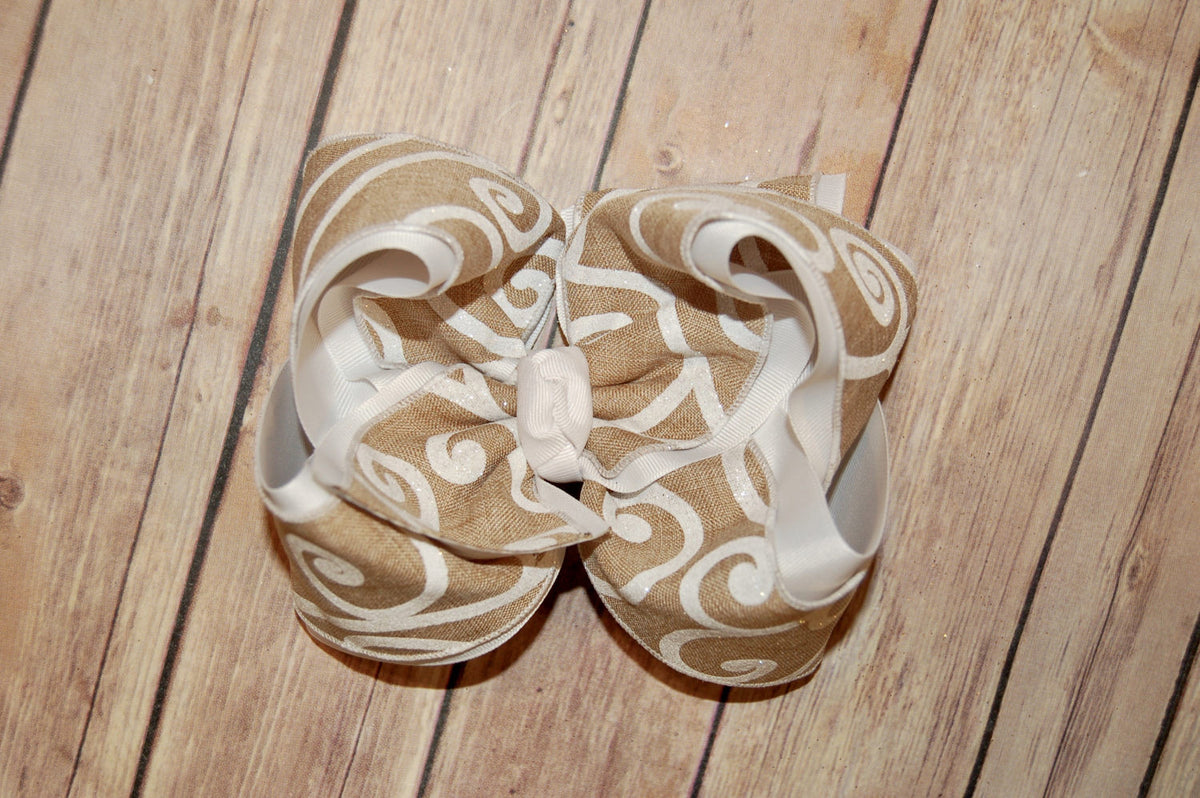 Natural Canvas White Glitter Scroll Hair Bow