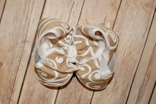 Natural Canvas White Glitter Scroll Hair Bow