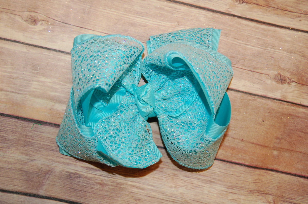 Aqua Blue Turquiose Glitter Web Hair Bow