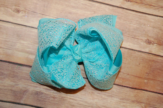 Aqua Blue Turquiose Glitter Web Hair Bow