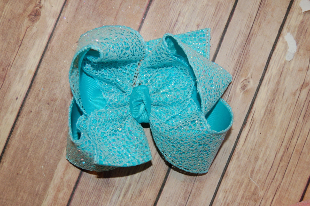 Aqua Blue Turquiose Glitter Web Hair Bow