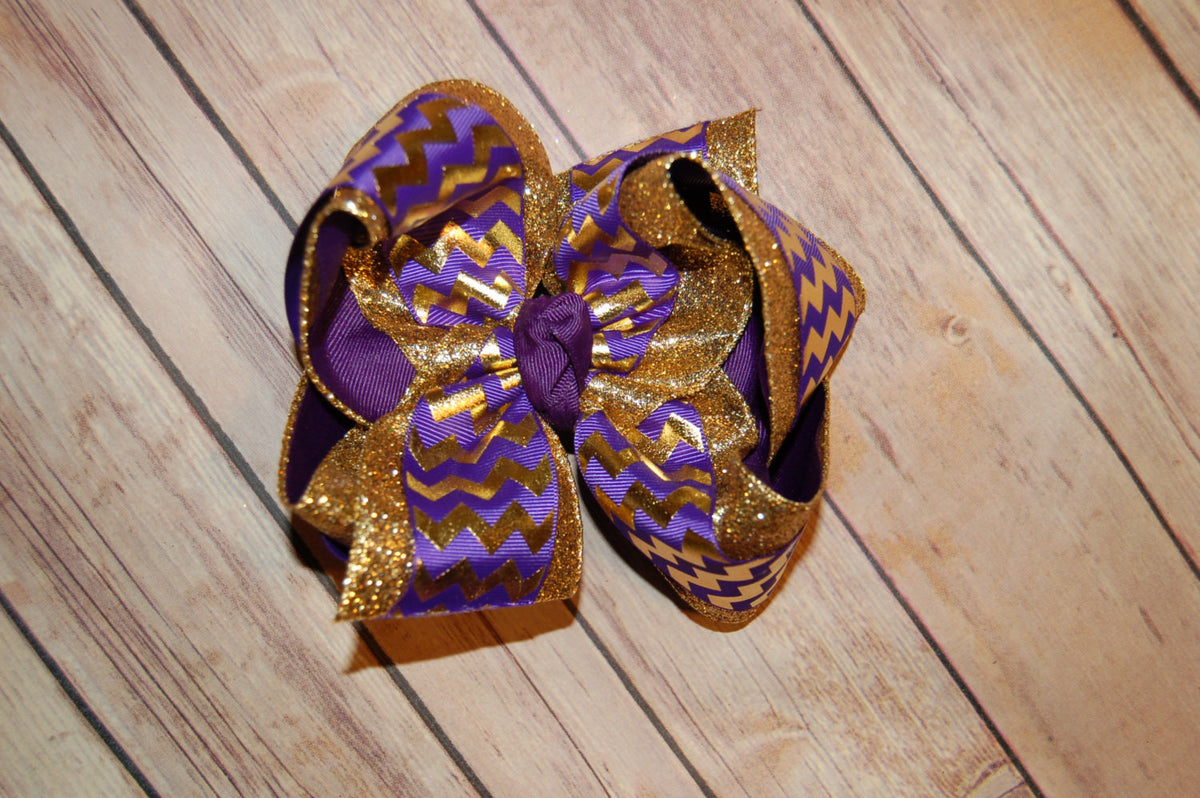 LSU Purple & Gold Chevron Triple Glitter Hair Bow