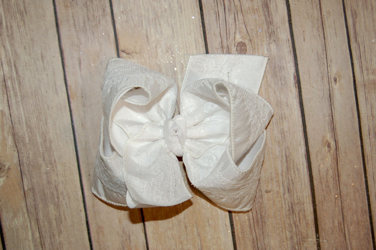 WHITE Dupioni Silk & Lace Hair Bow