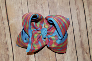 Pink Turquoise Summer Plaid Canvas Hair Bow
