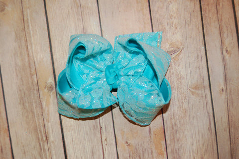 Turquoise Glitter LACE Hair Bow
