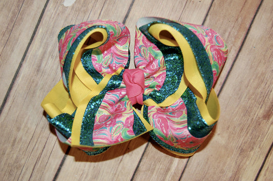 Lilly Pink Paisley Flamigo Floral Triple Glitter Hair Bow